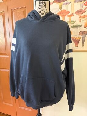 Oversized Navy Hoodie with White Sleeve Stripes